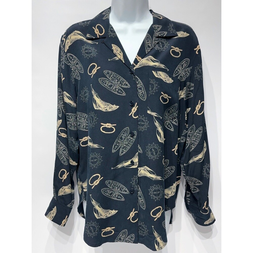 VTG Ralph Lauren Nautical 100% Silk Top Long Roll Tab Sleeve Navy Blue Size PM